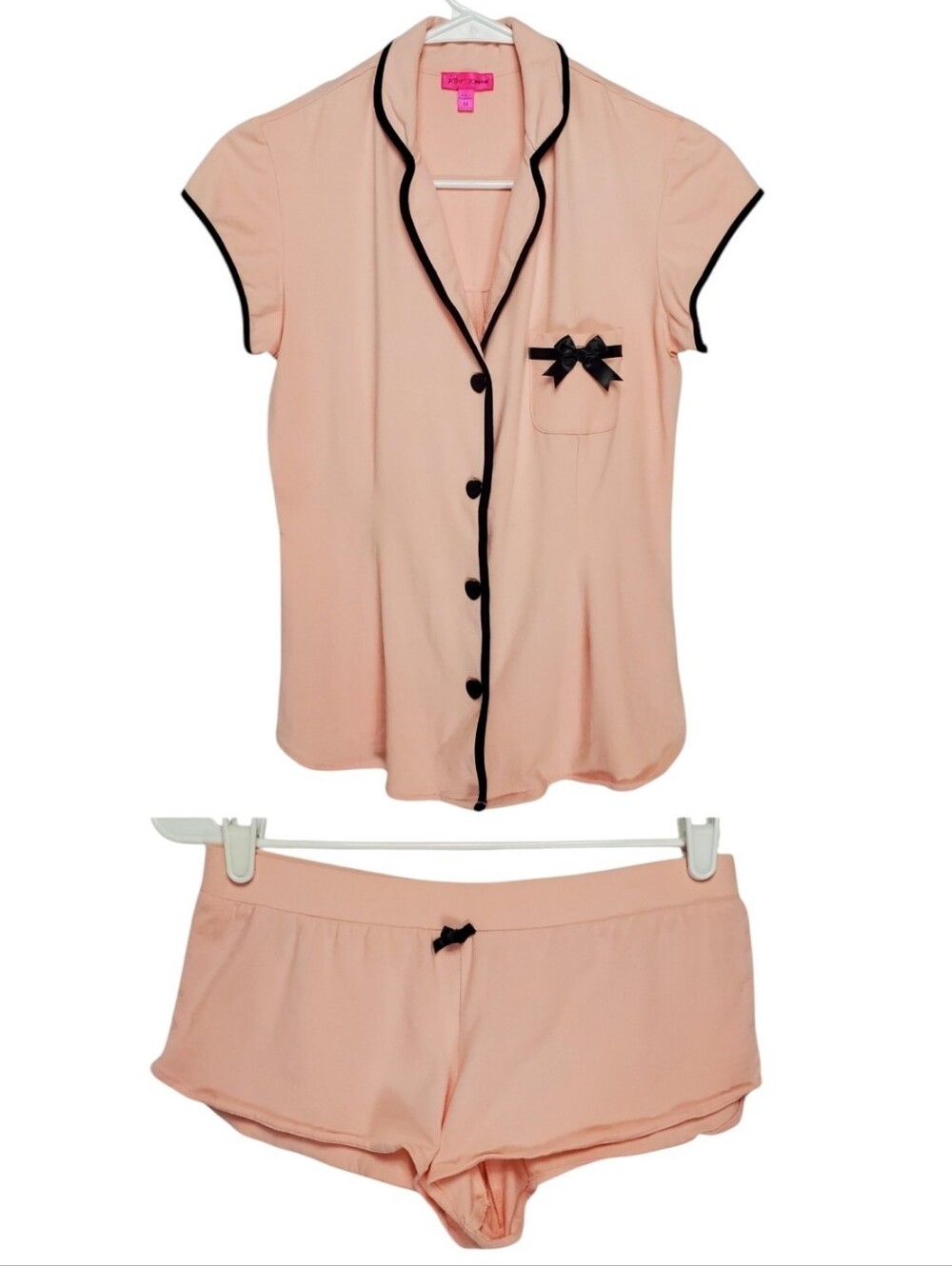 Betsey Johnson Button Front Contrast Piping Pajama Short Set Pink Black Set M